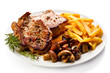 Grilled steaks, French fries and vegetables