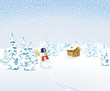Vector: Winterlandschaft mit Schneemann und Berghütte Winterlandschaft mit Schneemann und Berghütte