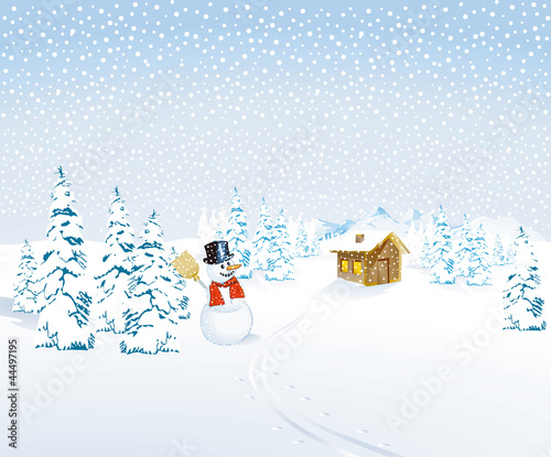 Vector: Winterlandschaft mit Schneemann und Berghütte Winterlandschaft mit Schneemann und Berghütte