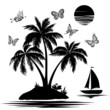 Island with palm, ship, butterflies, silhouettes