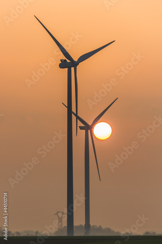 Photo: Eoliennes et soleil couchant Eoliennes et soleil couchant