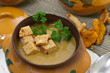 Chanterelle soup puree served with croutons