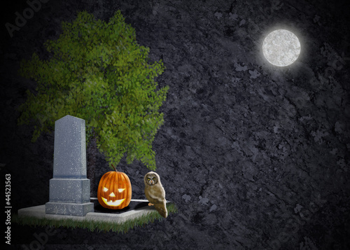Photo: Textured black halloween background grave moon owl and pumpkin Textured black halloween background grave moon owl and pumpkin