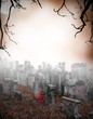 Old ruined graveyard in mystery fog