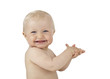 Super smile clapping hands baby isolated on white
