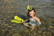 Photo : Happy cute snorkel girl on vacation Happy cute snorkel girl on vacation