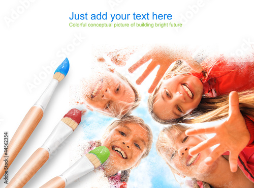 Photo: White background with three paintbrushes painting portrait of ha White background with three paintbrushes painting portrait of ha
