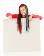 Photo: girl in braids behind blank advertising banner point aside girl in braids behind blank advertising banner point aside