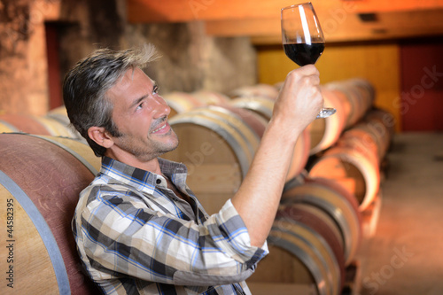 Photo: Winemaker checking red wine quality in wine cellar Winemaker checking red wine quality in wine cellar