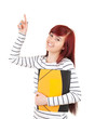 Foto: smiling student girl showing something up smiling student girl showing something up