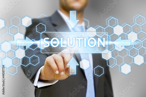 Photo: Businessman pushing solution button concept Businessman pushing solution button concept