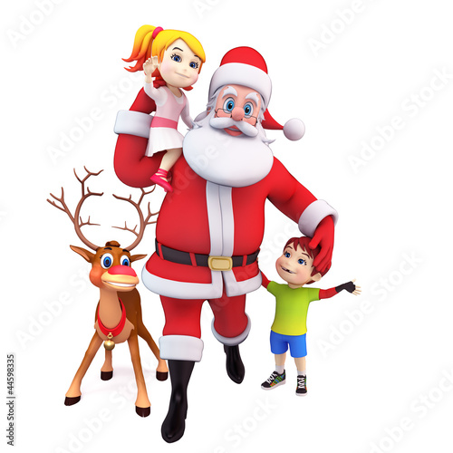 Illustration: santa and reindeer with kids santa and reindeer with kids