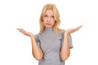 I don't know. Young woman against white background