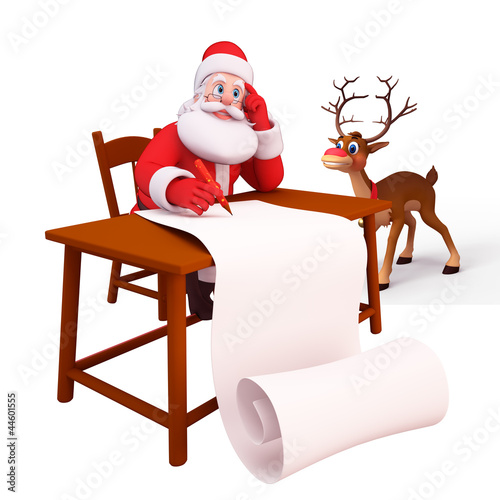 Illustration: santa writting along gift list with reindeer santa writting along gift list with reindeer