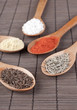various spices in wooden spoons