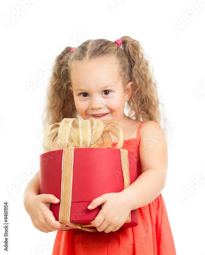 Photo: happy kid girl holding gift box happy kid girl holding gift box