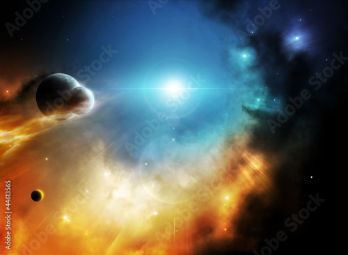 Illustration: Far deep space fantasy nebula with planets Far deep space fantasy nebula with planets