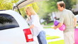 Blonde Parents Daughters Preparing Family Car Outing