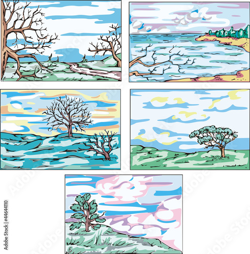 Vector: Sketches of landscapes with trees Sketches of landscapes with trees