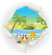 Vector: Tropical beach with blue ocean, umbrellas and palm trees Tropical beach with blue ocean, umbrellas and palm trees