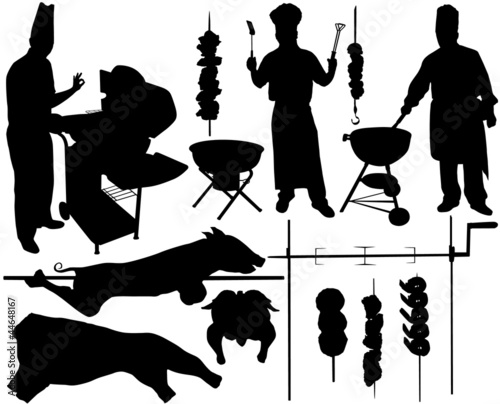 Vector: BBQ (barbecue) chef, pork, beef, spit, skewer silhouettes BBQ (barbecue) chef, pork, beef, spit, skewer silhouettes