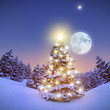 Geschmückter Weihnachtsbaum im verschneiten Wald 3D