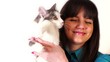 Young girl hold cat on hand, isolated