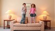 kids jump on sofa and then run away from room