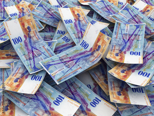 Photo: Swiss Currency Bank Notes (Swiss Francs). Pile of 100 CHF Swiss Currency Bank Notes (Swiss Francs). Pile of 100 CHF