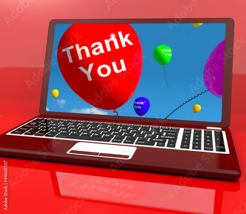 Illustration: Thank You Balloon On Computer As Online Thanks Message Thank You Balloon On Computer As Online Thanks Message