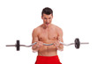 powerful muscular man with a barbell in hands