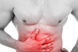 Muscular man with stomach pain, isolated on white