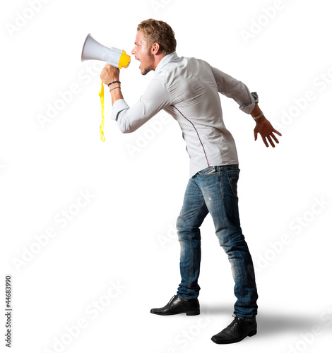 Photo: Boy screaming on the megaphone Boy screaming on the megaphone
