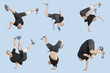 Multiple image of young man break dancing over light blue background