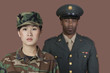 Photo: Portrait of young female US Marine Corps soldier with male officer in background Portrait of young female US Marine Corps soldier with male officer in background