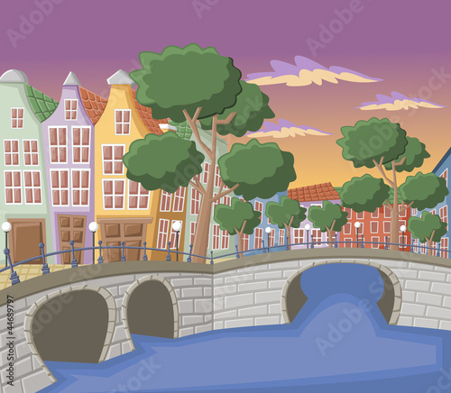 Vector: Buildings in Amsterdam with canals, bridge and dutch houses Buildings in Amsterdam with canals, bridge and dutch houses