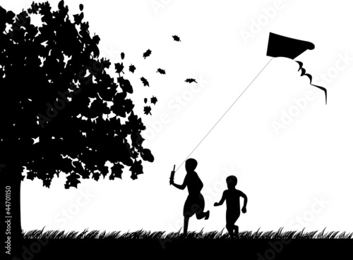 Vector: Silhouette of running boys with flying kite in autumn or fall Silhouette of running boys with flying kite in autumn or fall