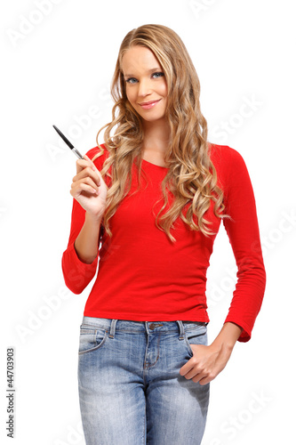 Photo: cute young woman pointing up at copyspace on white background cute young woman pointing up at copyspace on white background