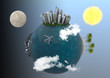 Holiday Planet with tropical island, a big city and mountains