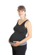A pregnant woman, 9 months, holding her tummy. Isolated on white