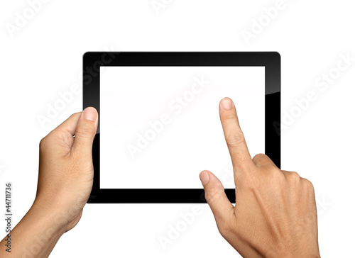 Photo: hands are holding and point on Tablet PC Isolated on white backg hands are holding and point on Tablet PC Isolated on white backg
