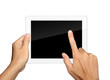hands are holding and point on white Tablet PC Isolated