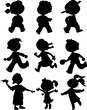 Kids black silhouettes. Boy and girls walking, running