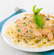 Pasta with mushrooms, smoked sausage and cream sauce with basil