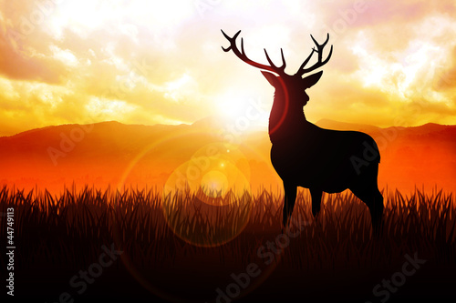 Illustration: Silhouette illustration of a deer on meadow during sunrise Silhouette illustration of a deer on meadow during sunrise