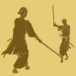 Vector: Samurai in dual stance, engraved style illustration Samurai in dual stance, engraved style illustration