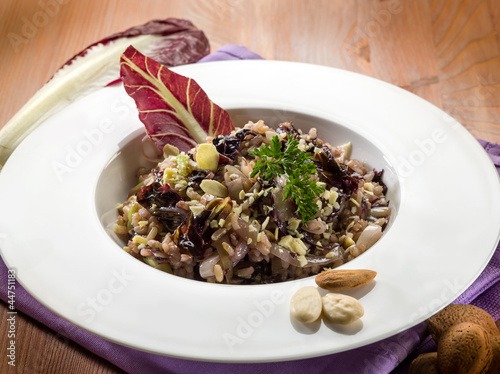Foto: risotto with chicory and almond, vegetarian food risotto with chicory and almond, vegetarian food