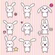 Collection of funny and cute happy kawaii rabbits.