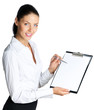 Businesswoman showing blank clipboard, on white