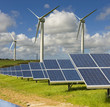 Wind turbines and solar panels. Cornwall in the UK.